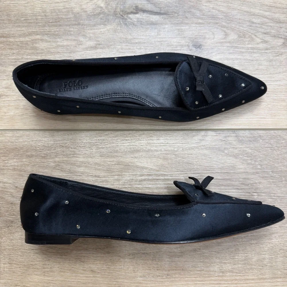 Polo Ralph Lauren‎ Black Satin Crystal Pointed Toe Bow Flats 6B Twee Luxury